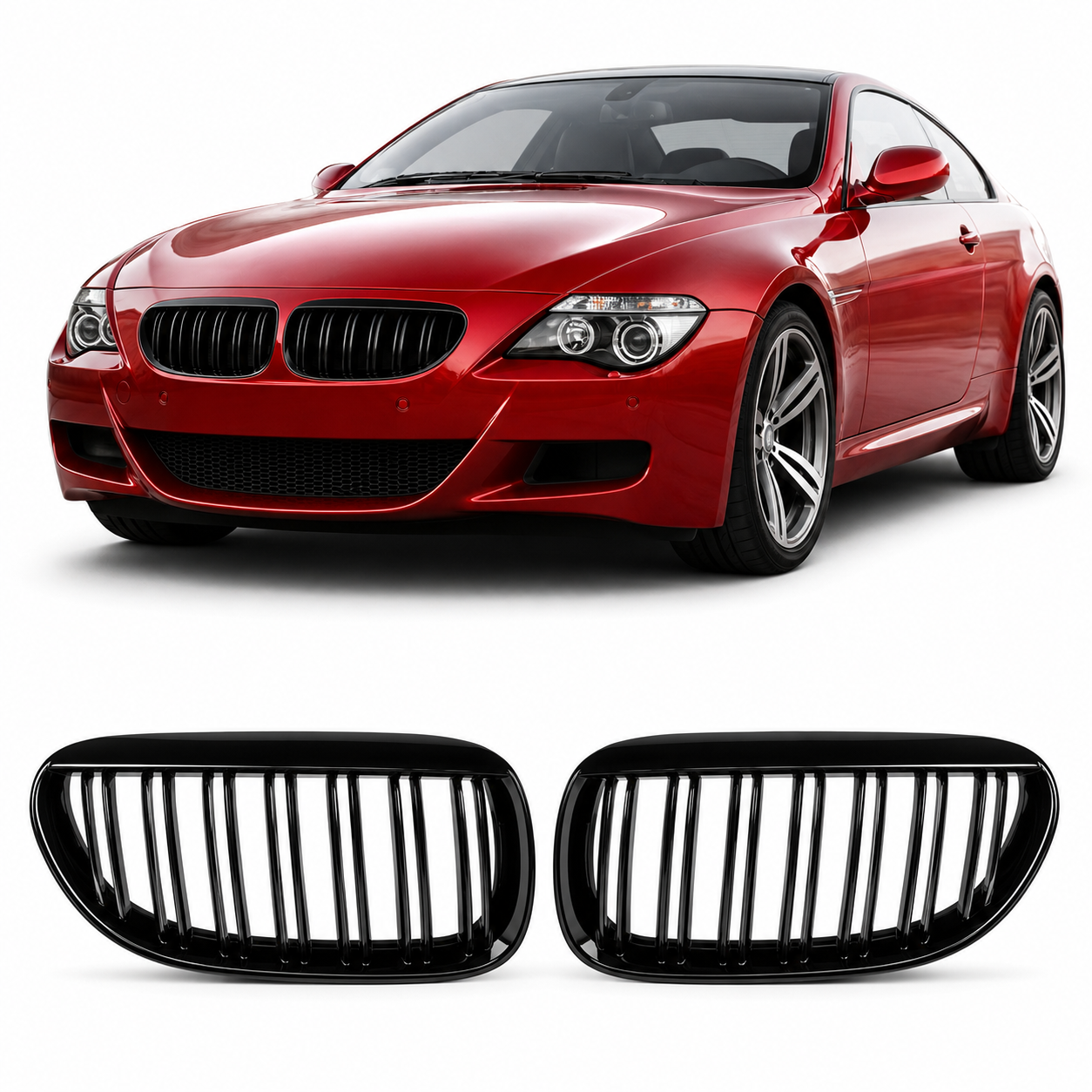 bamperio-groteles-e63-e64-dvigubos-blizgios Priekinės grotelės Performance BMW E63 / E64, dvigubos, juodos blizgios - Image 1