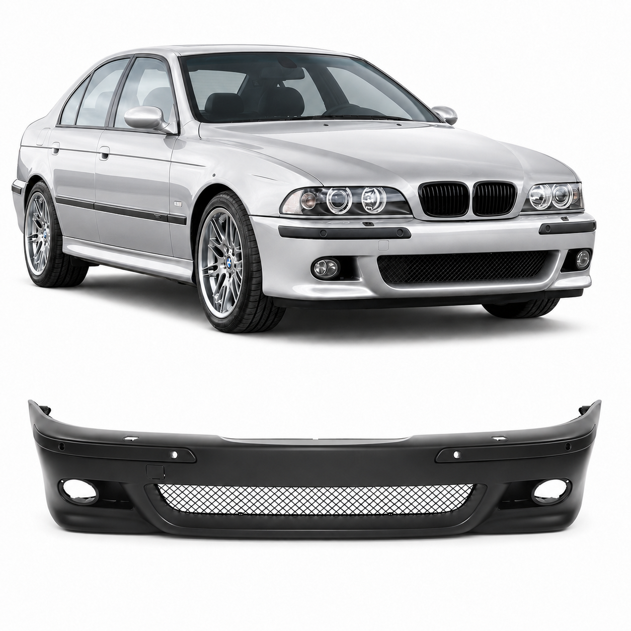 bmw-e39-m-priekinis-buferis Priekinis M bamperis BMW E39, su PDC, su žibintų apiplovimų angomis - Image 1