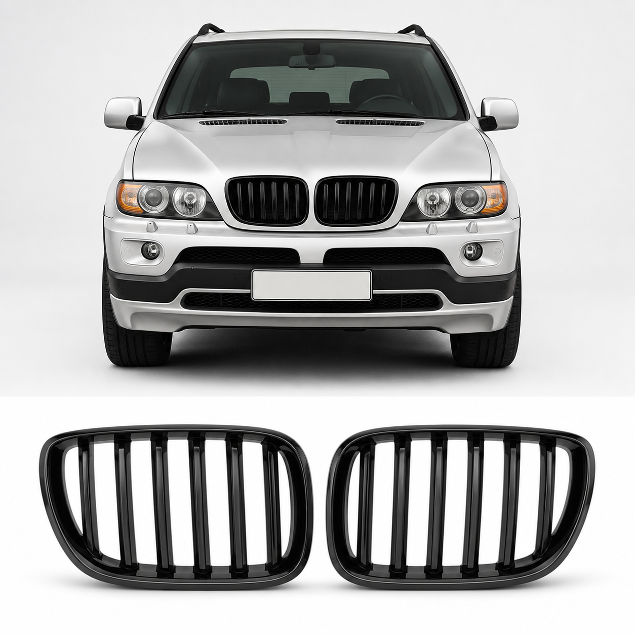 bmw-e53-dvigubos-priekinės-grotelės Dvigubos grotelės BMW X5 E53 LCI (04-06), juodos blizgios - Image 1