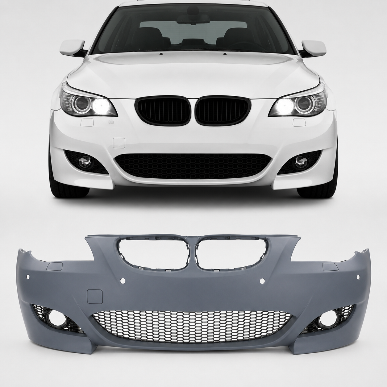 bmw-e60-bamperis-priekinis-gruntuotas Priekinis Bamperis M-Look BMW E60 / E61 PRE-LCI (03-07) su 24 mm PDC angomis - Image 1