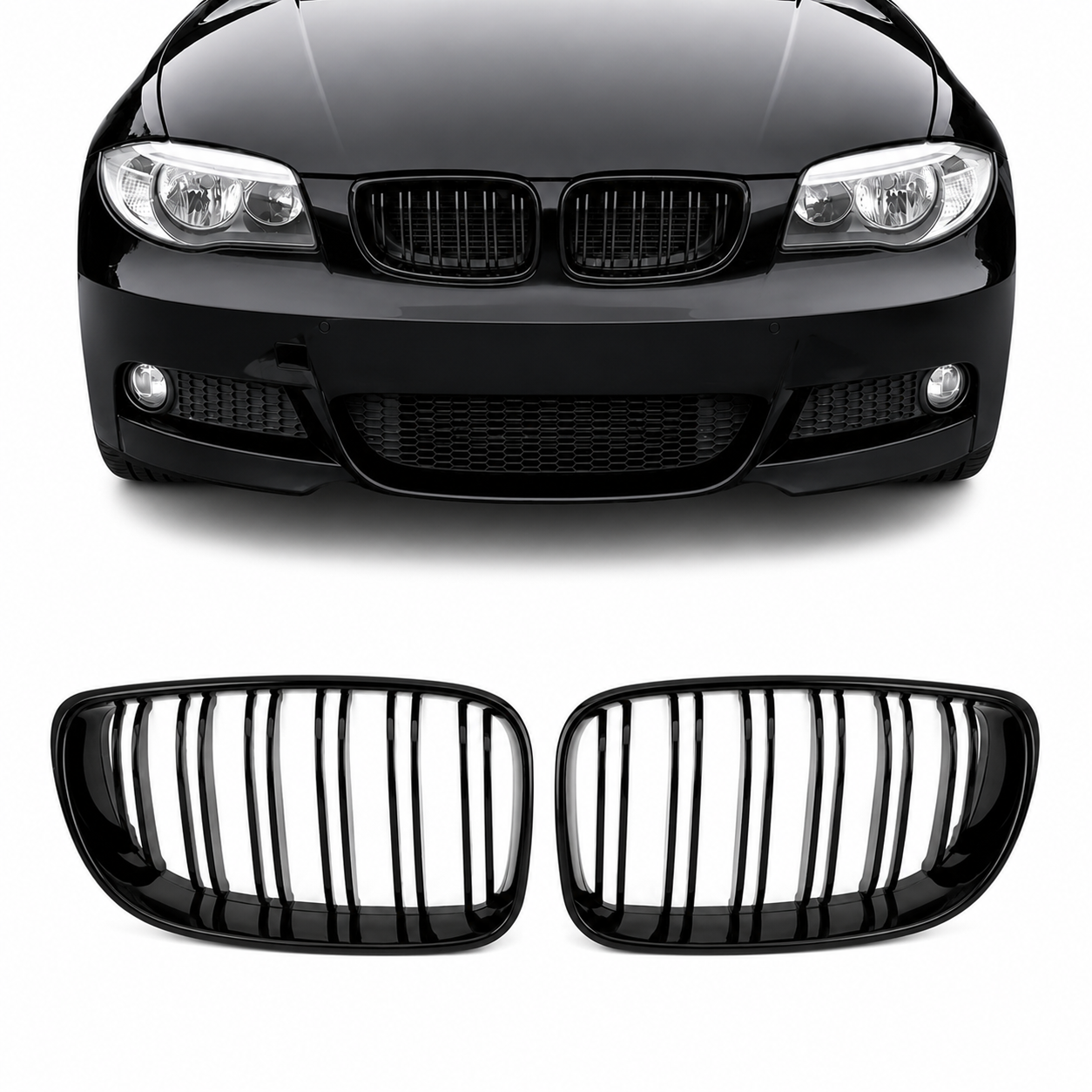 bmw-e82-performance-priekines-groteles-dvigubos-juodos-blizgios Performance priekinės grotelės BMW E81 / E82 / E87 / E88, dvigubos, juodos blizgios - Image 1