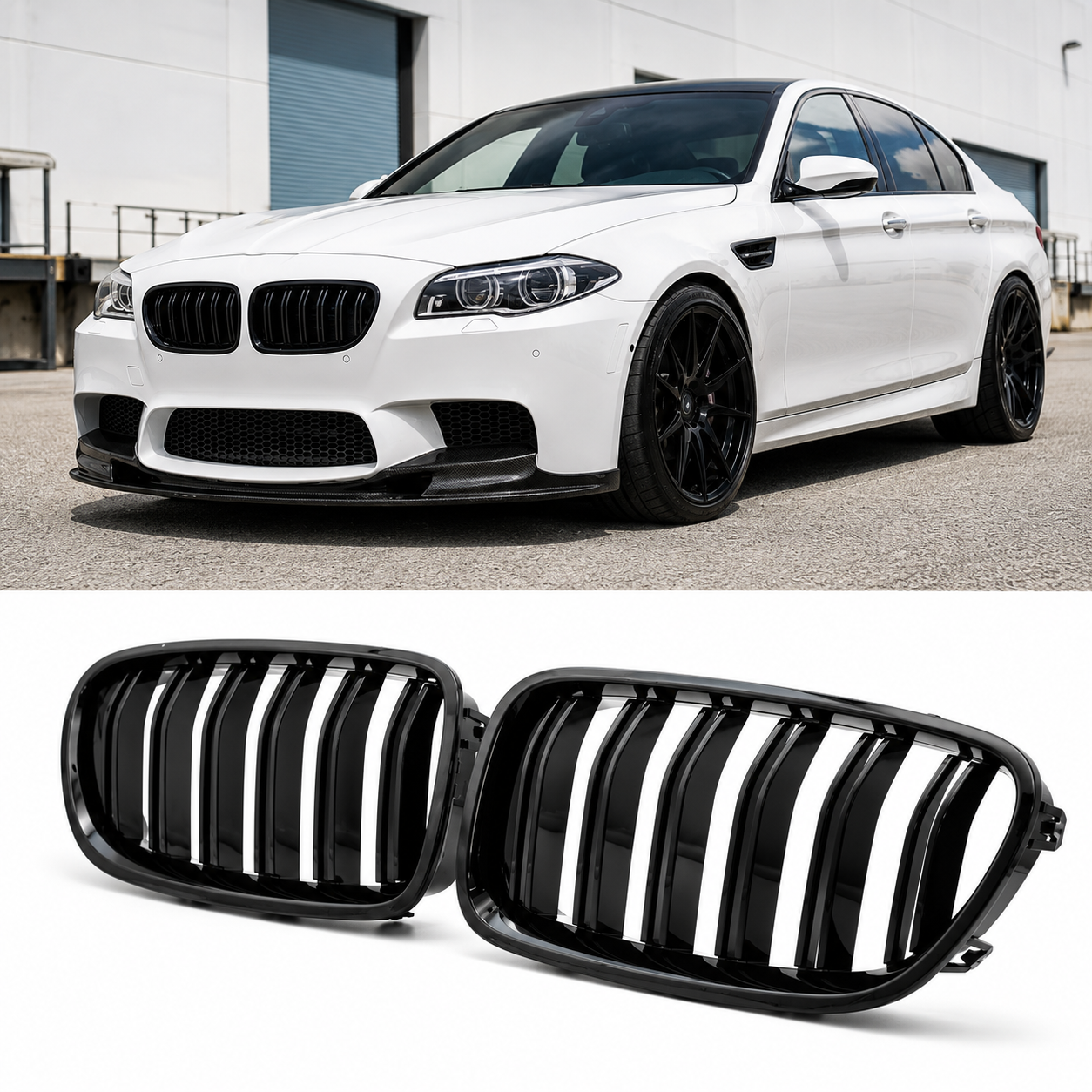 bmw-f10-f11-priekinio-bamperio-dvigubos-grotelės-juodos-blizgios Priekinės grotelės Performance BMW F10 / F11 5 Serijai (10-17), dvigubos blizgios - Image 1