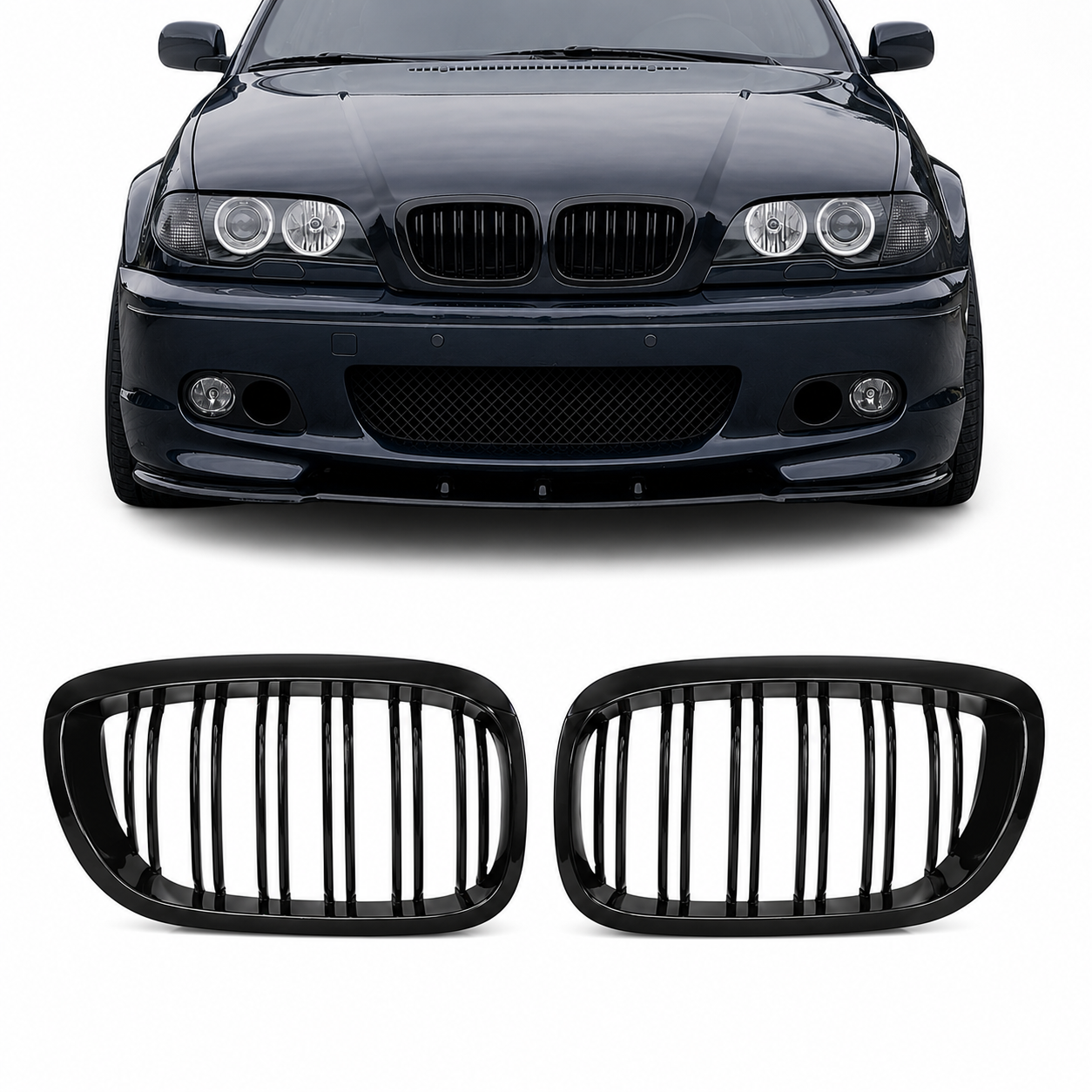 bmw-e46-cabrio-convertible-grotelės Dvigubos priekinės grotelės Performance BMW E46 coupe / convertible (03-06), juodos blizgios - Image 1