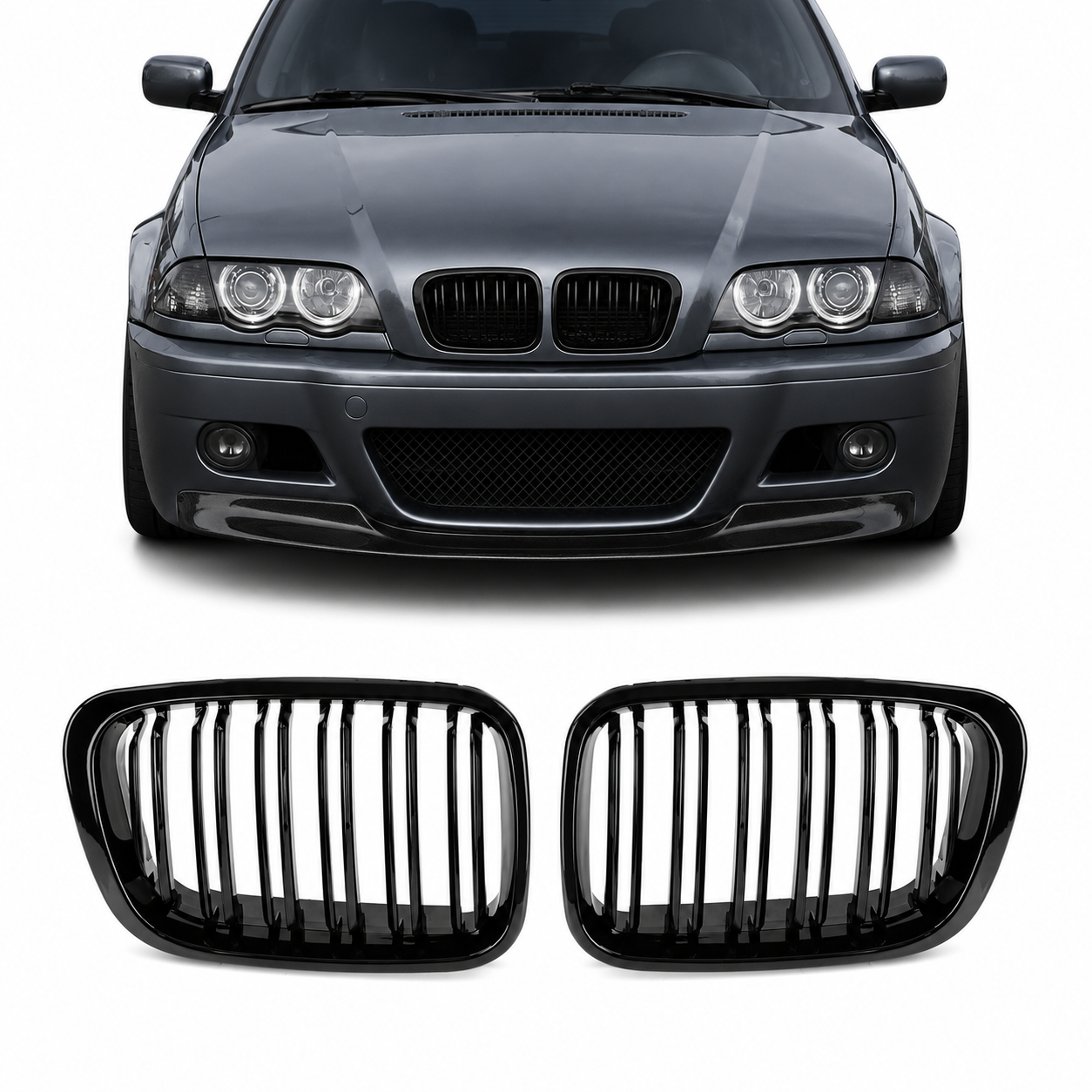 bmw-e46-pre-lci-priekinės-grotelės-juodos-blizgios Dvigubos grotelės Performance, skirtos BMW E46 sedan / touring (98-01) / compact (00-04), juodos blizgios - Image 1