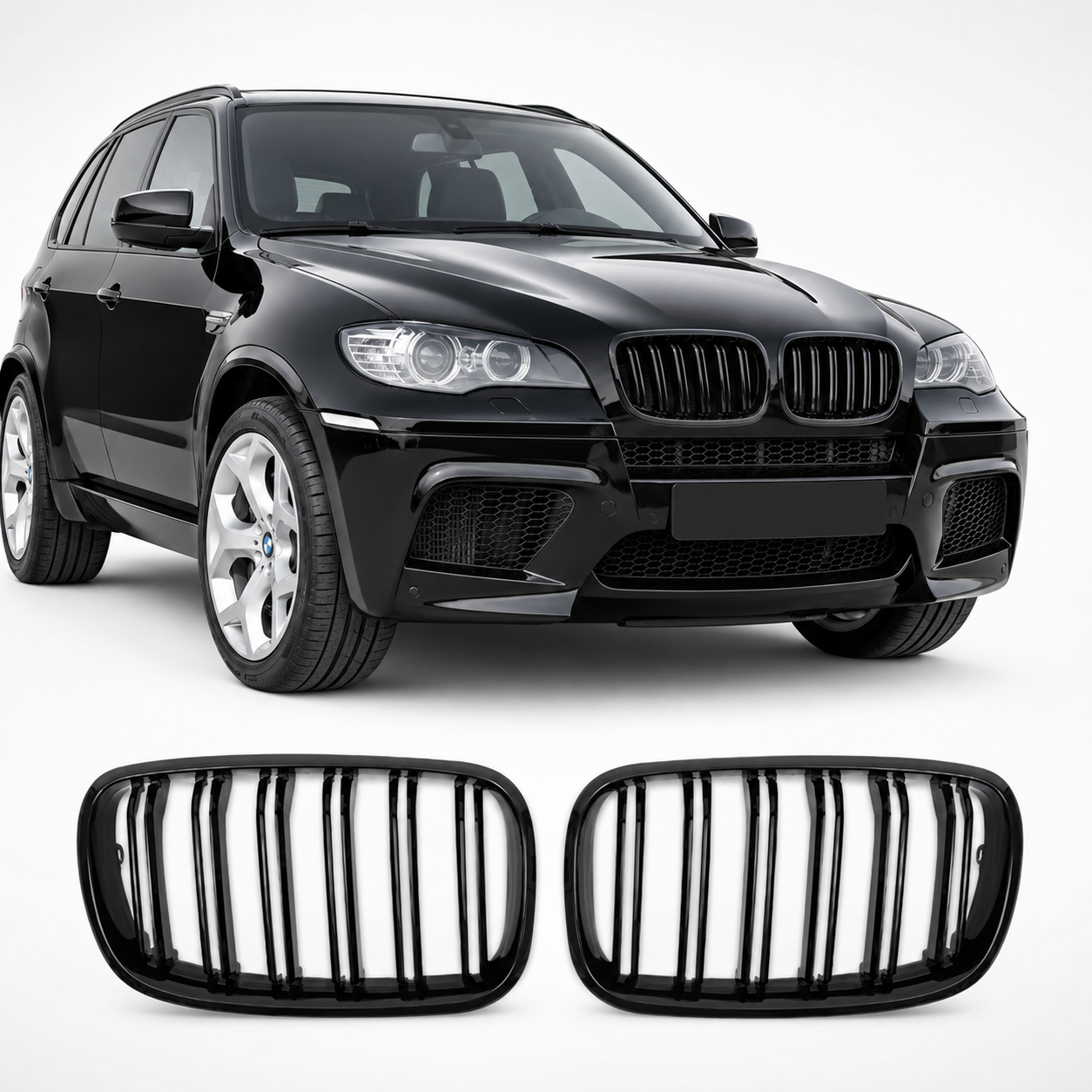 bmw-e70-e71-priekinio-bamperio-grotelės Priekinės dvigubos grotelės Performance BMW X5 E70 / X6 E71, juodos blizgios - Image 1