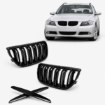 Dvigubos grotelės Performance BMW 3 E90 / E91 PRE-LCI (05-08), juodos blizgios
