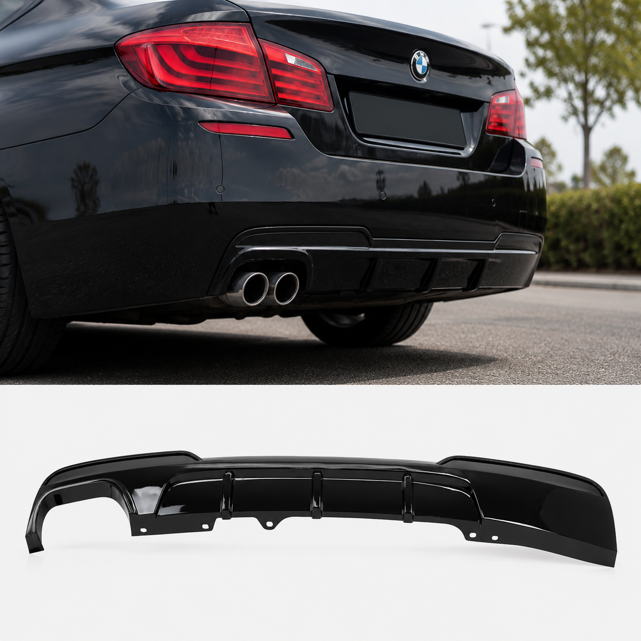 galinis-buferio-difuzorius-apdaila-bmw-f10-f11-modeliams-viengubo-išmetimo Galinio buferio difuzorius BMW F10 / F11 M-sport juodas blizgus (2x0) - Image 1